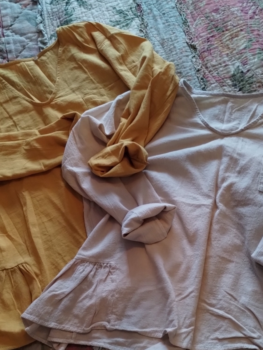 Womens Long Sleeve Peplum Tops - Mustard and Light Beige XL